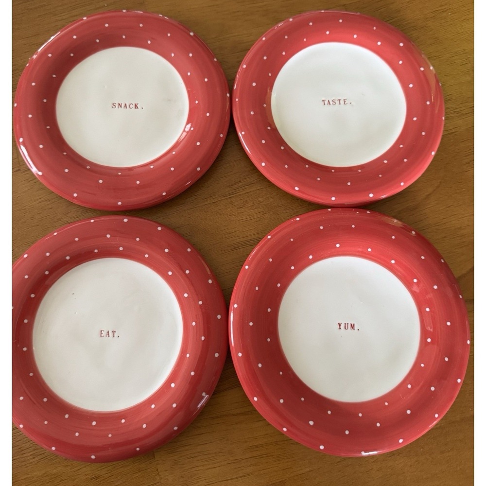 Rae Dunn Red Polka Dot Plates Set Of 4 Snack Yum Eat Taste - 6 inch